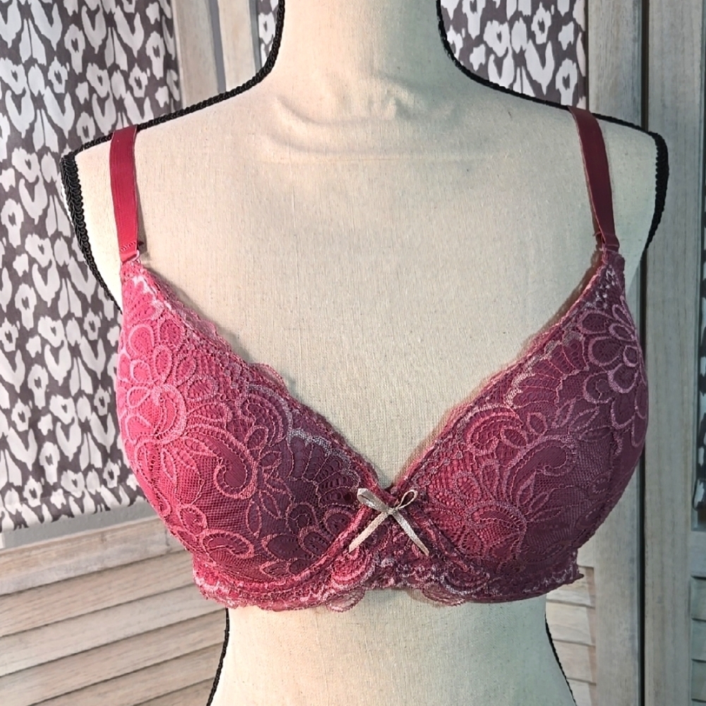 NWOT Lace Underwire Bra Embroidery Wine 3 Hook Adjustable 38D